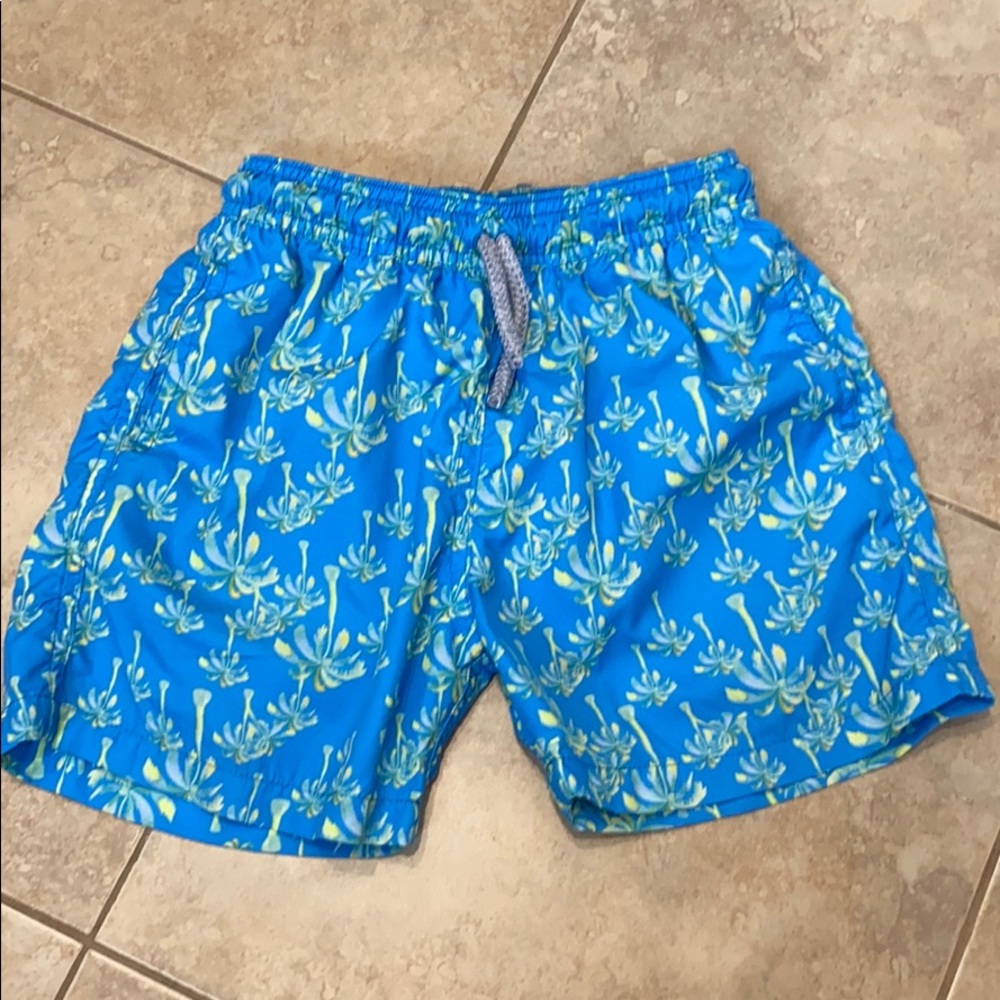 Boys blue bathing suit with palm trees